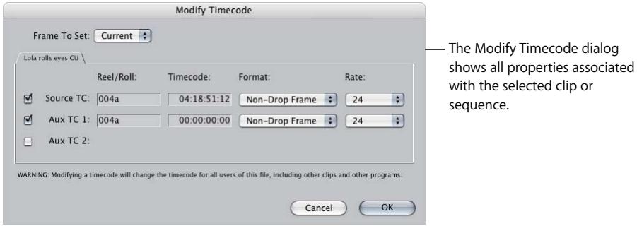 APPLE FINAL CUT PRO 5 - To modify the timecode of a clip's media file: - 1