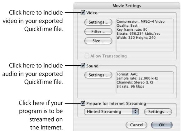 APPLE FINAL CUT PRO 5 - To set additional video, audio, and Internet streaming settings, click Options. - 1