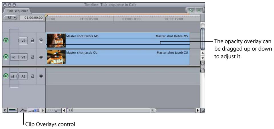 APPLE FINAL CUT PRO 5 - To adjust the opacity of a clip (with no keyframes) in the Timeline: - 1