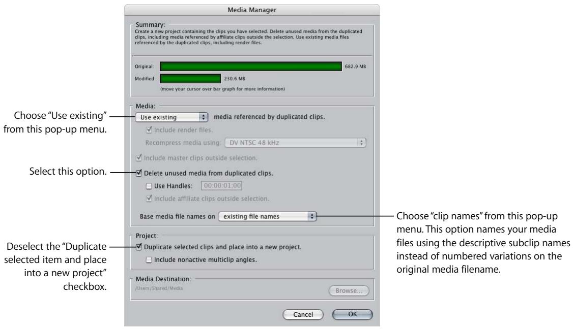 APPLE FINAL CUT PRO 5 - In the Media Manager, make the following selections: - 1