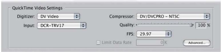 APPLE FINAL CUT PRO 5 - QuickTime Video Settings for Capture Presets - 1