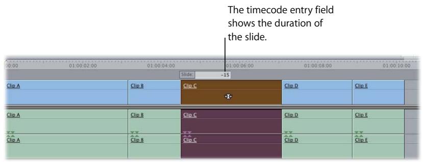 APPLE FINAL CUT PRO 5 - To slide a clip in the Timeline using timecode: - 1