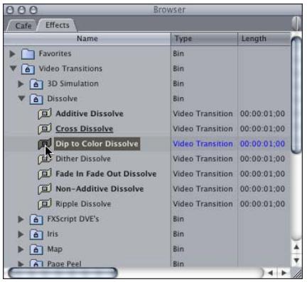 APPLE FINAL CUT PRO 5 - To add a transition from the Effects tab in the Browser: - 1
