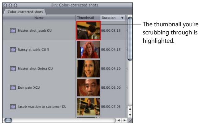 APPLE FINAL CUT PRO 5 - To scrub, or move, through a thumbnail: - 1