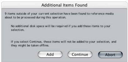 APPLE FINAL CUT PRO 5 - About the Additional Items Found Dialog - 1