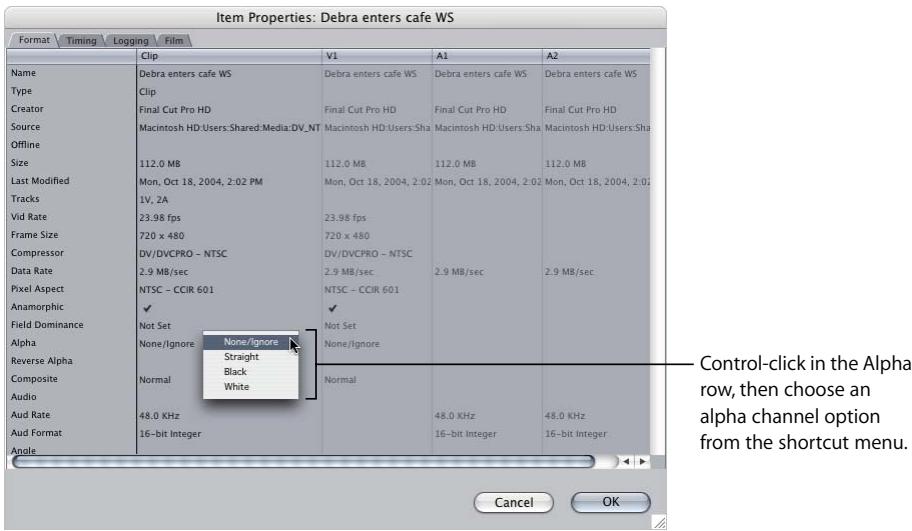 APPLE FINAL CUT PRO 5 - Tip: If necessary, you can also Control-click the Reverse Alpha row in the Clip column and choose No or Yes from the shortcut menu. - 1