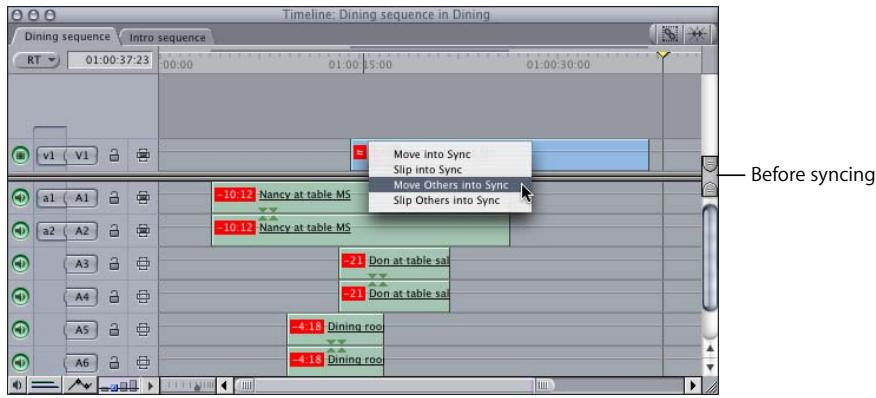 APPLE FINAL CUT PRO 5 - To move all out-of-sync clip items into sync with the anchor item: - 1