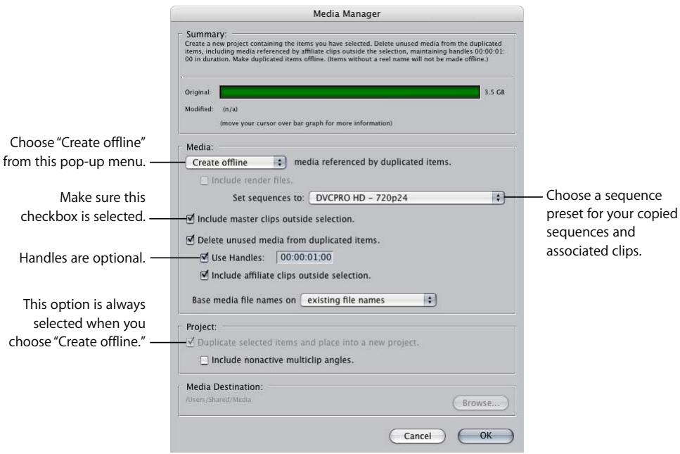 APPLE FINAL CUT PRO 5 - In the Media Manager, choose the following options, then click OK. - 1
