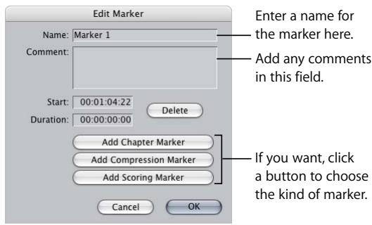 APPLE FINAL CUT PRO 5 - To rename a marker, add comments to a marker, or change the kind of marker: - 1