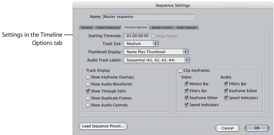 APPLE FINAL CUT PRO 5 - To change Timeline display options in the Sequence Settings window: - 1