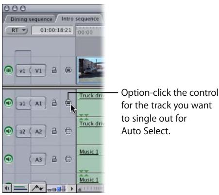 APPLE FINAL CUT PRO 5 - To enable Auto Select on one track while simultaneously disabling Auto Select on all other tracks: - 1