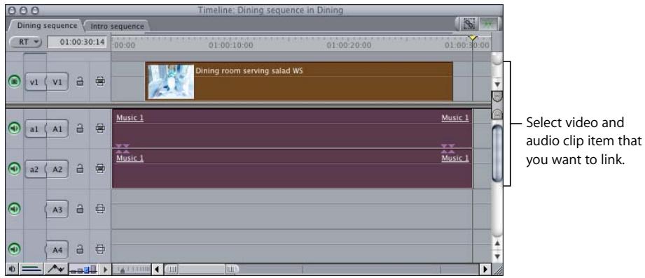 APPLE FINAL CUT PRO 5 - To link unrelated clip items in the Timeline: - 2