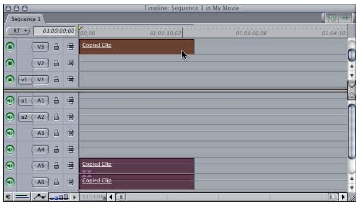 APPLE FINAL CUT PRO 5 - To copy (or cut) and paste clip items within the same Timeline tracks: - 2