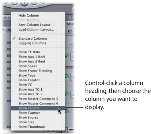 APPLE FINAL CUT PRO 5 - To display a hidden column: - 1