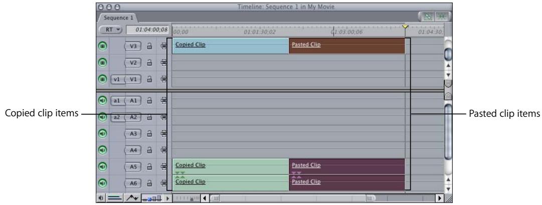 APPLE FINAL CUT PRO 5 - To copy (or cut) and paste clip items within the same Timeline tracks: - 1
