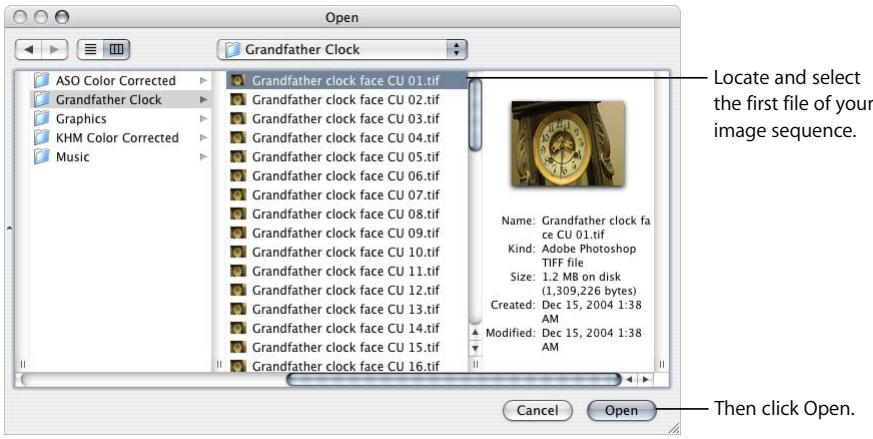 APPLE FINAL CUT PRO 5 - To convert a numbered image sequence into a QuickTime movie: - 1