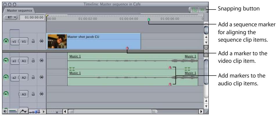 APPLE FINAL CUT PRO 5 - To align markers in sequence clip items to a sequence marker: - 1