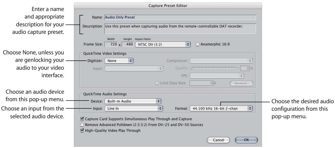 APPLE FINAL CUT PRO 5 - To create a device-controllable, audio-only capture preset: - 1