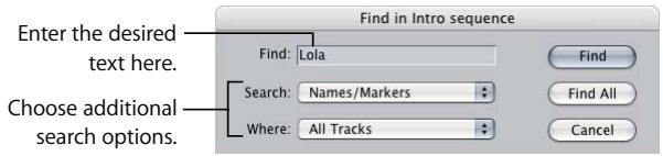 APPLE FINAL CUT PRO 5 - To search for clip names, marker names, marker comments, or timecode numbers in a sequence: - 1