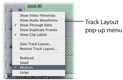 APPLE FINAL CUT PRO 5 - To change Timeline display options using the Track Layout pop-up menu: - 2