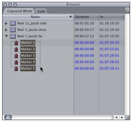 APPLE FINAL CUT PRO 5 - To turn a clip's markers into subclips: - 1
