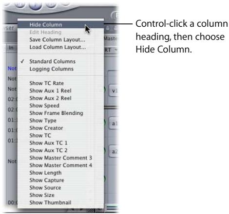 APPLE FINAL CUT PRO 5 - To hide a column: - 1