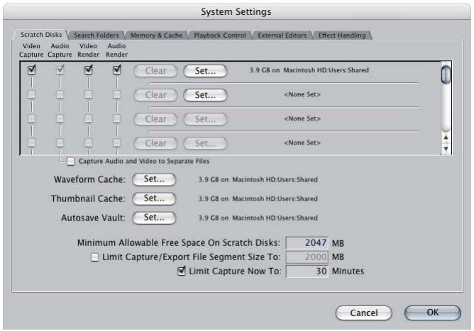 APPLE FINAL CUT PRO 5 - To specify one or more scratch disks and associated settings: - 1