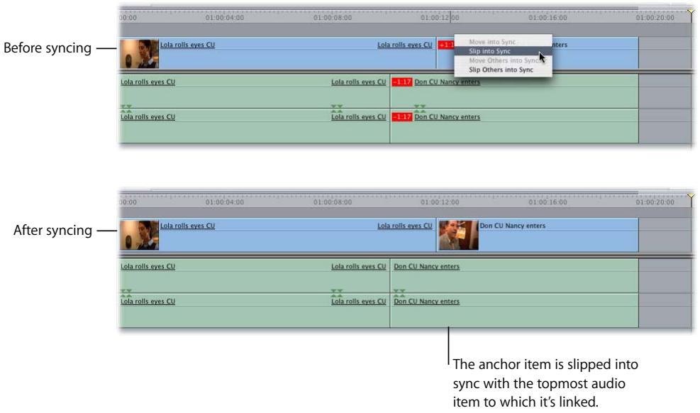 APPLE FINAL CUT PRO 5 - To slip an out-of-sync clip item into sync using the out-of-sync indicator shortcut menu: - 1
