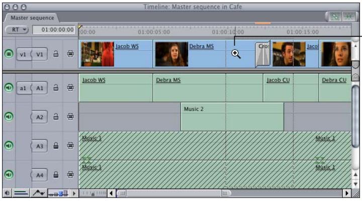 APPLE FINAL CUT PRO 5 - To zoom in and out of the Timeline using the Zoom tools: - 1