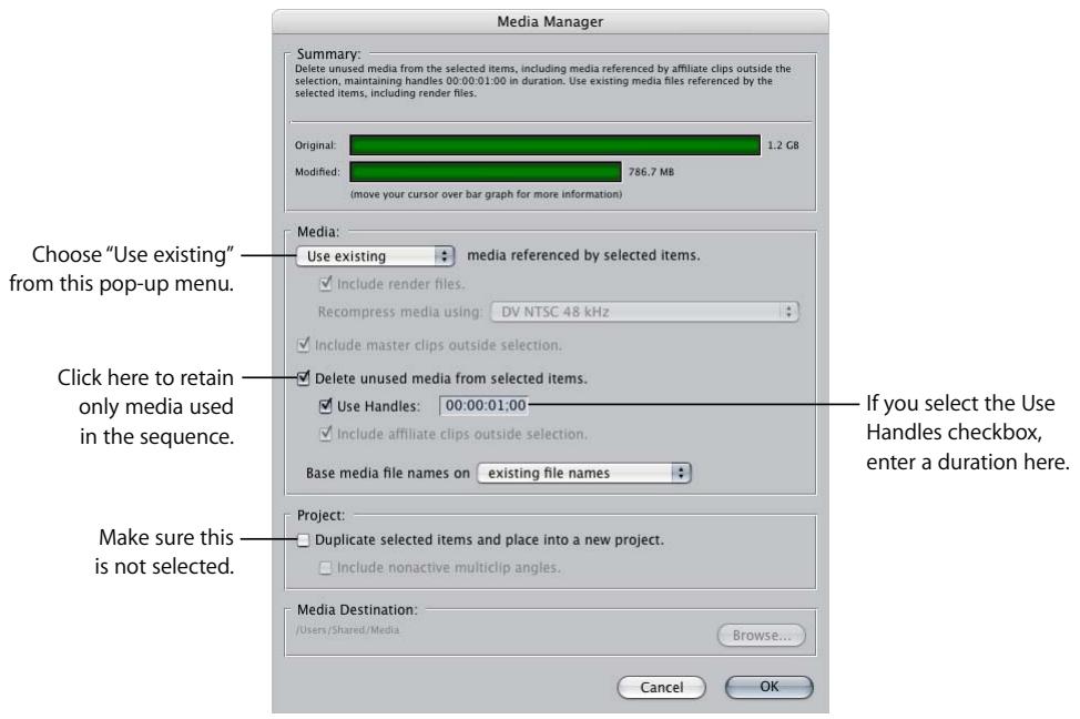 APPLE FINAL CUT PRO 5 - In the Media Manager, choose the following options, then click OK. - 1