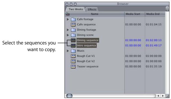APPLE FINAL CUT PRO 5 - Example: Copying Several Sequences With New Settings, but Without Media Files - 1