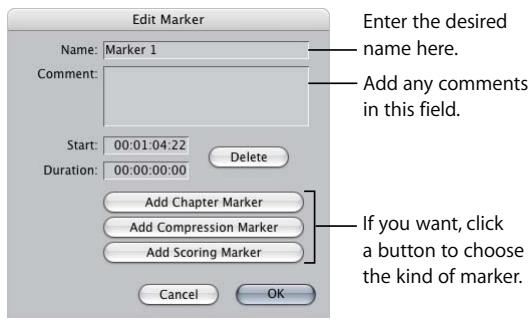 APPLE FINAL CUT PRO 5 - To add a marker to a clip and enter information for it: - 1