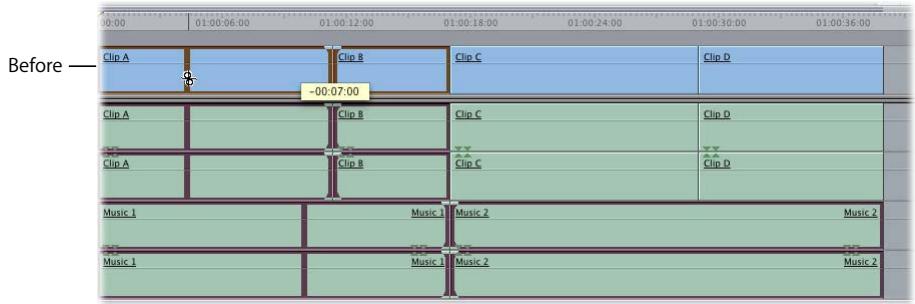APPLE FINAL CUT PRO 5 - Use the Roll tool to perform the roll edit across all of the tracks. - 1
