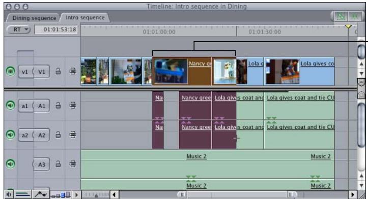 APPLE FINAL CUT PRO 5 - Click a clip item where you want to start your selection, drag to the right until you reach the end of the portion of the clip you want to select, then release the mouse button. - 1