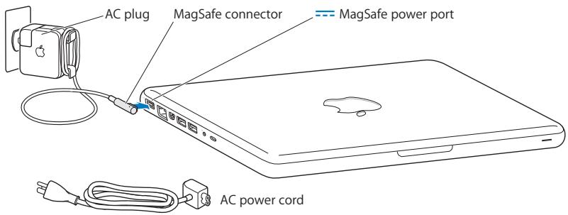 APPLE MACBOOK MB466F-A - Step 1: Plug in the 60W MagSafe Power Adapter to provide power to the MacBook and charge the battery. - 1