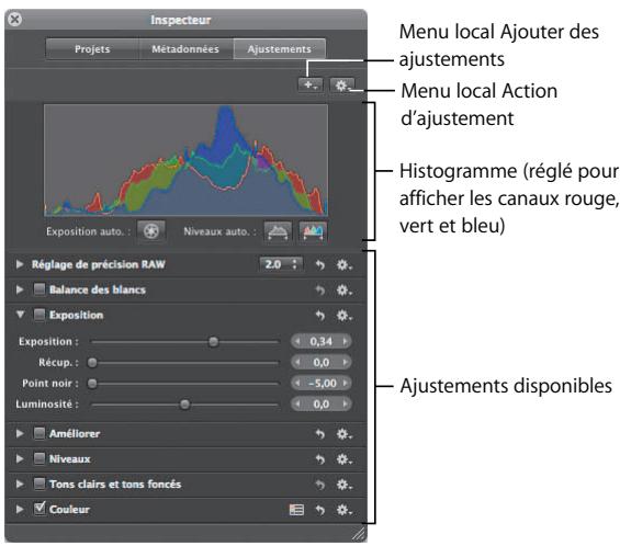 APPLE APERTURE 2 - À propos des ajustements disponibles dans la palette inspector et dans l'inspecteur ajustements - 1