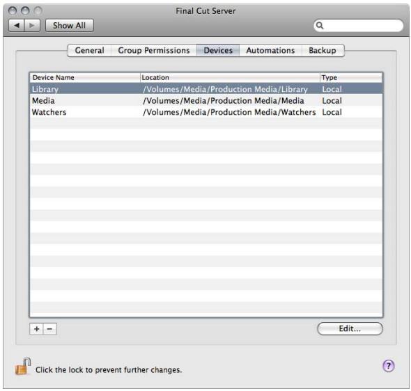APPLE FINAL CUT SERVER - Réglages de la sous-fenêtre devices - 1