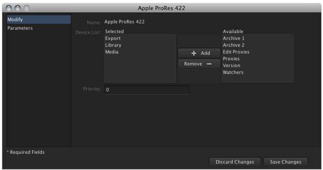 APPLE FINAL CUT SERVER - Pour affecter un réglage de transcodage à un périphérique : - 1