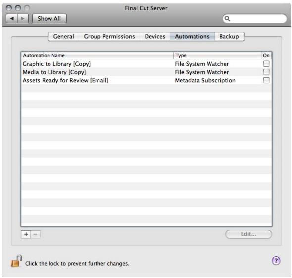 APPLE FINAL CUT SERVER - Réglages de la sous-fenêtre automations - 1