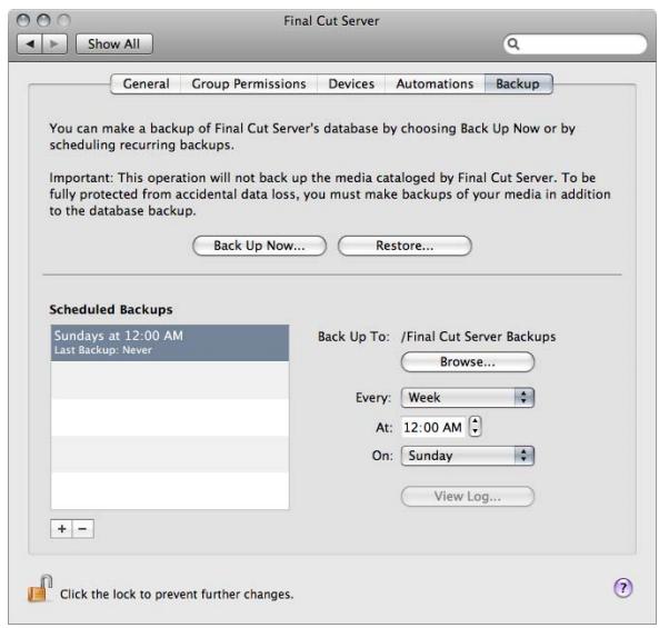 APPLE FINAL CUT SERVER - Réglages de la sous-fenêtre backup - 1