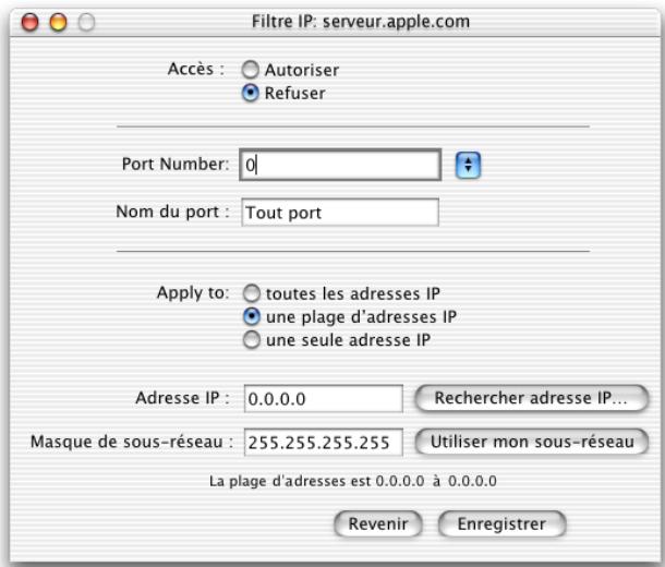 APPLE MAC OS X SERVER - Réglages de la fenêtre filtre IP - 2