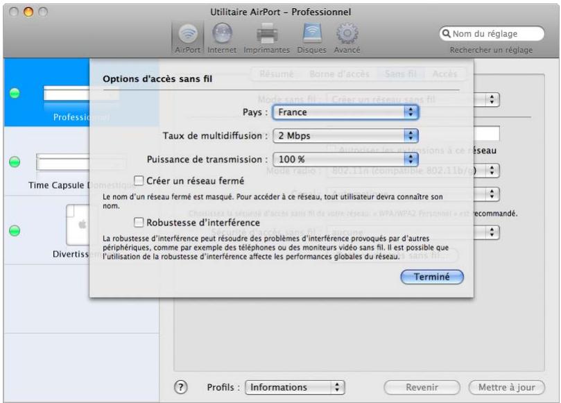 APPLE RESEAUX AIRPORT - Réglages des options d'accès sans fil - 1