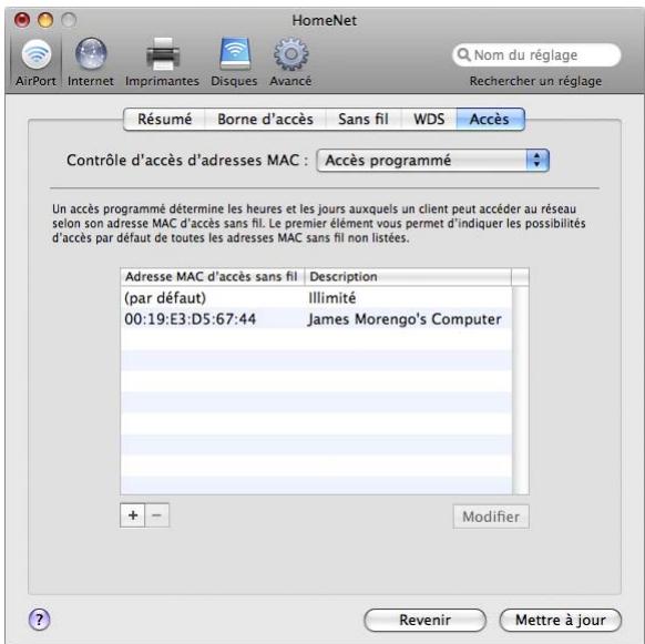 APPLE RESEAUX AIRPORT - Pour configurer la liste de contrôle d'accès : - 1
