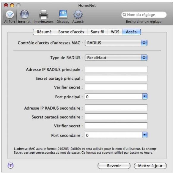 APPLE RESEAUX AIRPORT - Pour configurer l'authentication à l'aide d'un serveur RADIUS : - 1