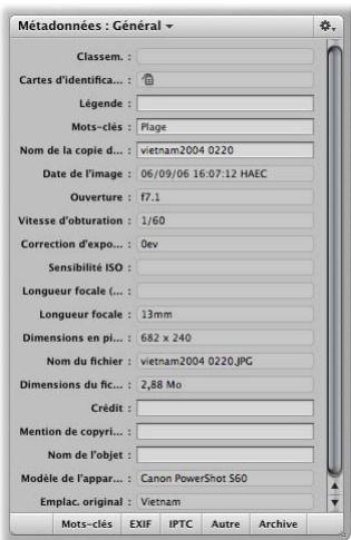 APPLE APERTURE 2.1.1 - Affichage des mots-clés à l'aide de l'inspecteur des métadonnées - 1