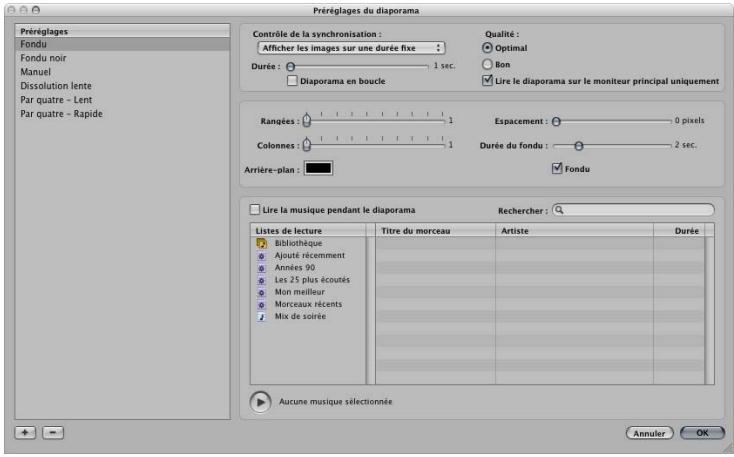 APPLE APERTURE 2.1.1 - Pour ouvrir la zone de dialogue préréglages du diaporama, effectuez l'une des actions suivantes : - 1