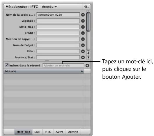 APPLE APERTURE 2.1.1 - Pour appliquer des mots-clés à l'aide de l'inspecteur des métadonnées : - 1