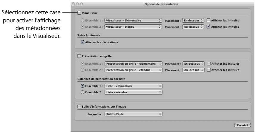 APPLE APERTURE 2.1.1 - Pour configurer l'affichage des métadonnées dans le visualiseur : - 1