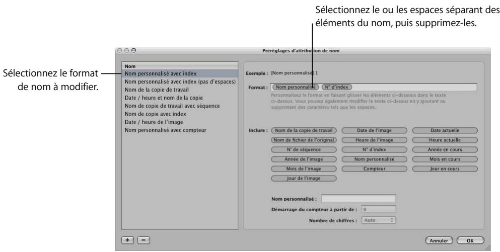 APPLE APERTURE 2.1.1 - Pour modifier un format de nom afin de supprimer les espaces : - 1