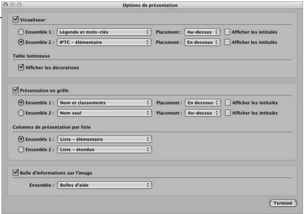 APPLE APERTURE 2.1.1 - Pour configurer l'affichage des métadonnées avec les images dans le visualiseur : - 1
